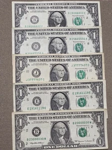 Lot of 5 fancy serial numbers trinary circulated four different series  - Picture 1 of 4