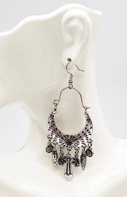 Boho Gypsy Silver Tone Chandelier Earrings | Feather Flower Tribal Dangle Ornate - Image 1 of 4