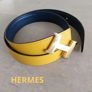HERMES Authentic Gold H Buckle Leather Belt Reversible Yellow x Navy size 60 - Picture 1 of 18
