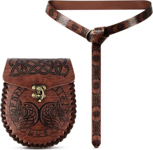 2Pcs Leather Belt Pouch Set, Viking Belt Pouch with a Medieval Belt and a Renais - Picture 1 of 12