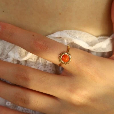 18K Gold Plated Stainless Steel Ring for Women Orange Natural Stone Waterproof - Image 1 of 4