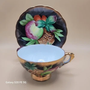 Vintage Shafford Japan Footed Teacup and Saucer Set Fruit on Black and Gold - Picture 1 of 13