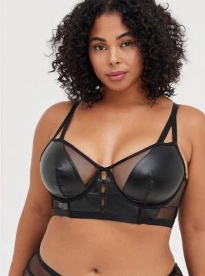 Torrid Unlined Longline Underwire Bralette Faux Leather Mesh Black NWT New 0X - Image 1 of 4