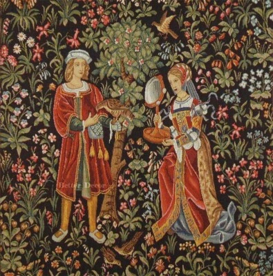 WALL JACQUARD WOVEN MEDIEVAL TAPESTRY Falcon Training ANTIQUE MILLEFLEUR DECOR - Image 1 of 2