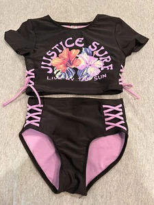 Justice Girls Short Sleeve Rashgaurd Swimsuit Set, Size M(10) - Picture 1 of 2