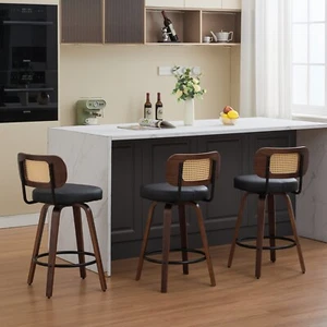 Swivel Walnut Counter Height Bar Stools Set of 3 Dining Barstool Kitchen Island - Picture 1 of 19