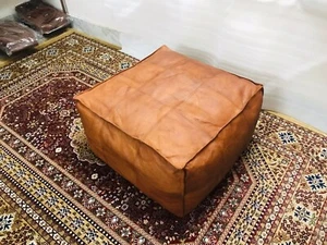 Leather Moroccan Boho Footstool Pouffe Unstuffed Square New Brown Handmade 30'' - Picture 1 of 9