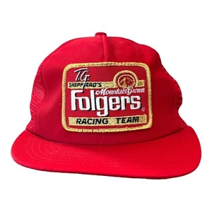 Vtg Red Gold Folgers Racing Team Trucker Hat SnapBack Mesh Cap SHEPPARDS Nascar - Picture 1 of 16