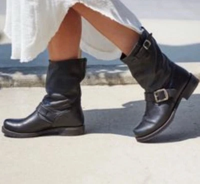 Frye $595 Black Leather Biker Engineer Lug Buckle Boots Size 8-8.5 - Image 1 of 4