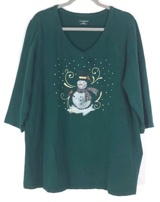 CATHERINES Holiday SNOWMAN Tee 2X Green 22-24W Rhinestones Glitter Embellished - Image 1 of 4