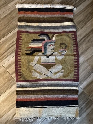 Alfombra mexicana tejida a mano tapiz vintage dios azteca abalorios ¡Bonito! Foto 1 de 4
