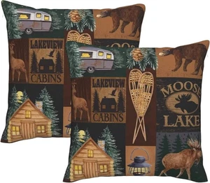 Set 2 Copricuscini Quadrati 18x18 Pollici Retrò Marrone Arredamento Cabina Rustico Mo - Foto 1 di 1