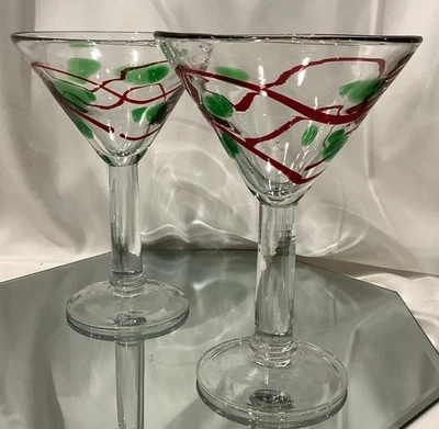 Usado en Excelente Condición Festivo Soplado a Mano Martini Cosmo Rojo Remolino Lunares Verdes - Juego de 2 Foto 1 de 4