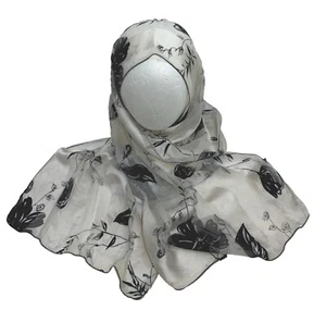 Black & White 100% Silk Floral Rectangular Scarf Chiffon Made in France 14"x50" - Picture 1 of 17