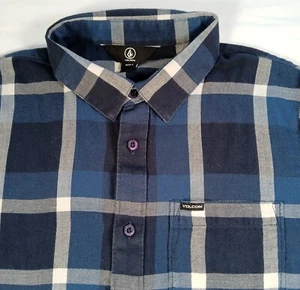 Volcom Flannel Shirt Small Mens Blue Plaid Button Up Casual Comfort Cotton - Picture 1 of 9
