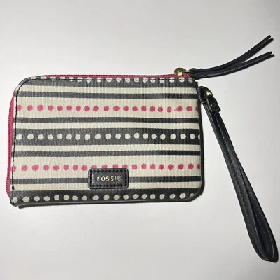 Fossil Polka Dot Stripe Wristlet Wallet Pink Black Zip Clutch Bag Eliza Purse - Image 1 of 4