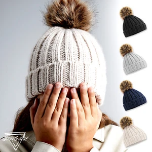 Kids Pom Pom Winter Hat Boys Girls Faux Fur Bobble Junior Toddler Beechfield - Picture 1 of 14