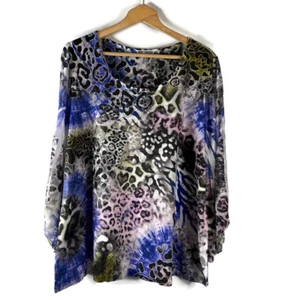JM Collection Womens Tunic Top Size 3X Blue Leopard Studded Sheer Sleeve - Picture 1 of 10