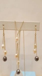 14k Yellow Gold Earring & Neckles Set 3 colors Pearls. 5×7 mm Pearls - Picture 1 of 5