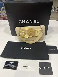 CHANEL Camellia FLOWER CLASSIC No. 5 Coco CANVAS BEIGE LEATHER PATENT PURSE BAG - Picture 1 of 17