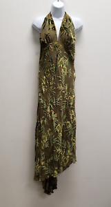 Vintage Dina Bar El Womens Halter Top Midi Dress Size L Green Floral Silk Y2K