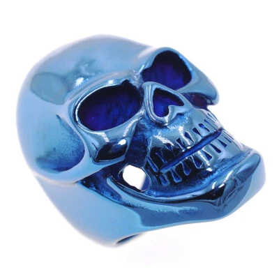 Evil Smile Big Skull Head Ring Stainless Steel Men's Huge Skull Biker Ring Blue - Image 1 of 4