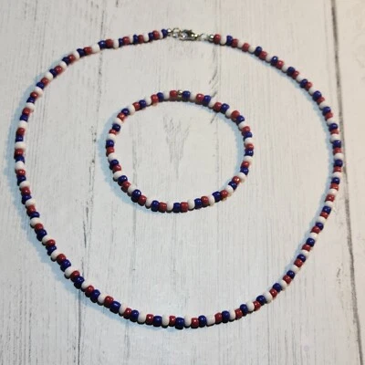 Summer Beach  Handmade Boho Choker Beaded Necklace & Bracelet Red, White, & Blue - Image 1 of 4