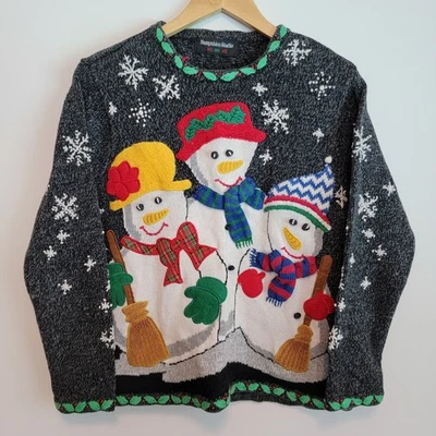 Christmas Winter Sweater Knitted Embroided Snowmen Hampshire Studio Sz S Ugly - Image 1 of 4