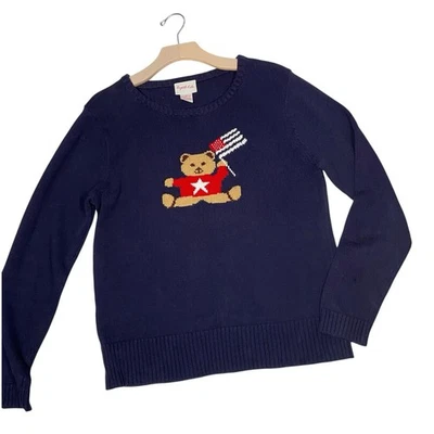 VINTAGE CRYSTAL KOBE American Flag Bear Sweater Medium Preppy Christmas Granny - Image 1 of 4