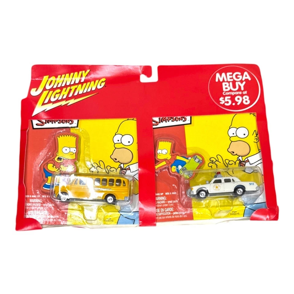 The Simpsons Johnny Lightning Diecast Car Set Springfield Police Car School Bus - Image 1 of 4