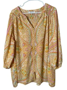 Rose + Olive Paisley Print V Neck Top Size 2X Romantic Feminine Lightweight Boho - Picture 1 of 10