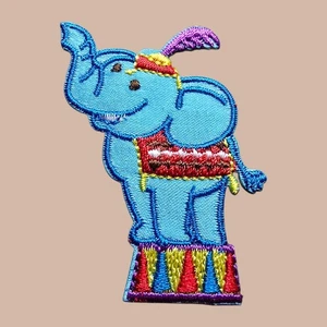 CIRCUS ELEPHANT PEDESTAL ADVENTURE SATIN EMBROIDERED IRON ON PATCH 2.25 x 1.5" - Picture 1 of 9