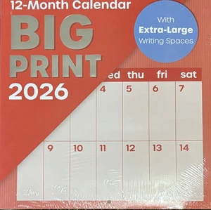 2026 BIG PRINT 12 Month Hanging Wall Calendar XL Writing Spaces Orange 12x24” - Picture 1 of 3