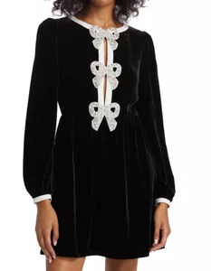 Saloni Camille White Crystal Bow Liquid Velvet Mini Dress Black US 6 - Picture 1 of 19
