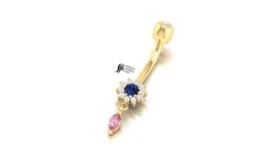 14K SOLID GOLD NATURAL BLUE/PINK SAPPHIRE BELLY BUTTON WITH DIAMOND - Picture 1 of 6