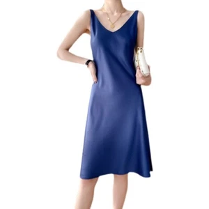Damen ärmelloses Midikleid Satin Camisole Kunstseide Slip V-Ausschnitt Lady Büro - Bild 1 von 16