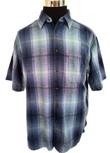 Camisa Arrow para hombre talla L azul a cuadros mezcla de lino/algodón botón delantero manga corta - Imagen 1 de 17