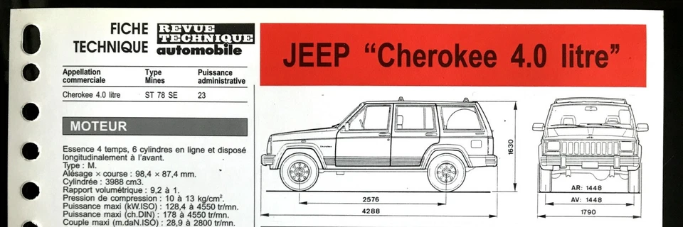 Fiche Technique Automobile R.T.A (RTA) ; JEEP " Cherokee 4.0 litre " - Photo 1/1