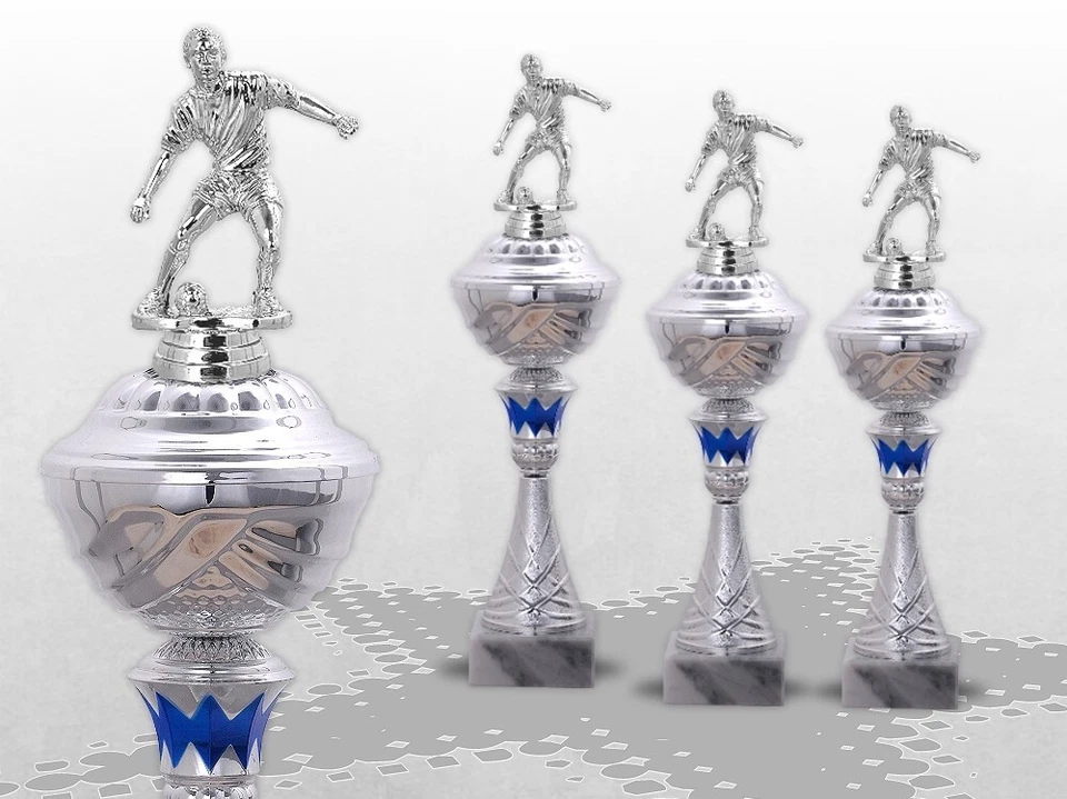 VEREINSSTORE 3er FUSSBALL Pokale mit Figur Pokalserie mit Gravur TOP Preis silber / blau