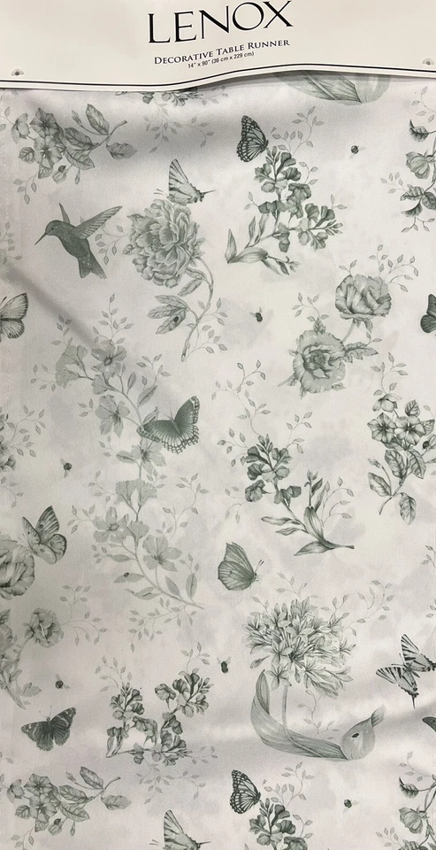 Lenox Green Butterfly Meadow Toile Cloth Table Runner 14” X 90” Water Resistance - Image 1 of 1