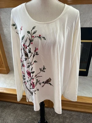 BONWORTH XL IVORY PULLOVER TOP BIRDS AND BEADS ROUND NECK LONG SLVS COTTON/POLY - Image 1 of 4