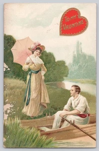 To My Valentine Lady with Parasol Man in Rowboat Embossed Postcard Germany 2018 - Picture 1 of 3