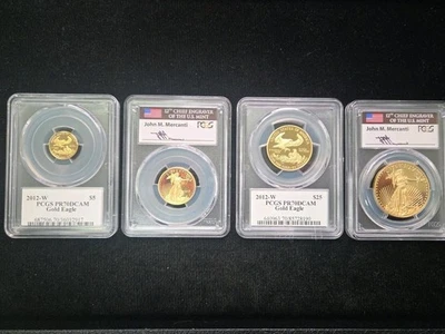 Juego de 4 monedas 2012-W prueba águila de oro graduación profesional pr70 etiqueta bandera John Mercanti - muy bonito Foto 1 de 4