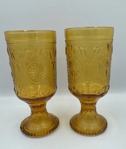 2 Amber glass Brockway American Concord Tiara Sandwich footed water goblets VTG - Picture 1 of 3