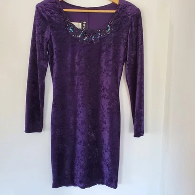 Antigo Vestido Bodycon All That Jazz Roxo Veludo Esmagado LS Joelho Frisado Glam Y2K - Imagem 1 de 4