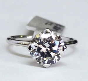 14K White Gold Round Solitaire Cubic Zirconia Engagement Ring, 8mm / 2ct CZ Size - Picture 1 of 7