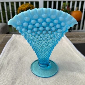 Fenton Blue Opalescent Hobnail Large Fan Vase - 8-1/4" - Picture 1 of 6