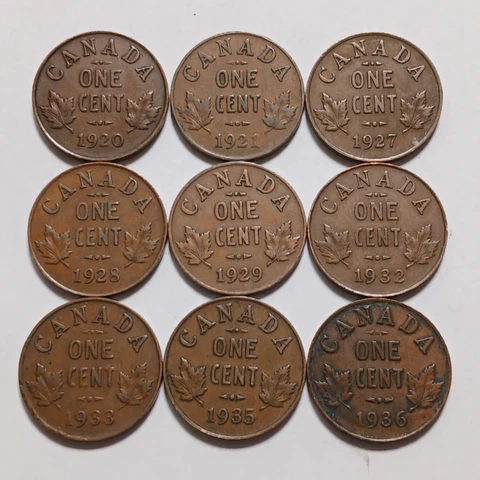 George V Canada Small Cent Set - 9x Coins - Canadian Pennies 1920-1936 Cover
