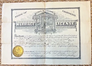 Vintage 1895 San Francisco Marriage Certificate Engwicht & Gieger - Picture 1 of 4