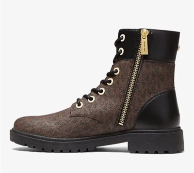 Womens Michael Kors Alistair Bootie Brown/Black Combat Boot Logo  8 M NEW - Image 1 of 4